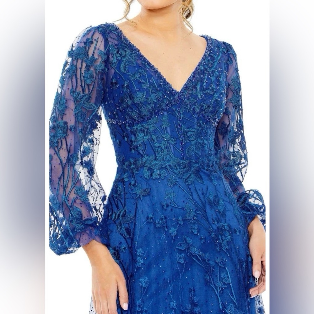 New Mac Duggal 20512 V Neck Mech Puff Sleeve A Line Embellished Dress Blue Sz 8 - Picture 3 of 9